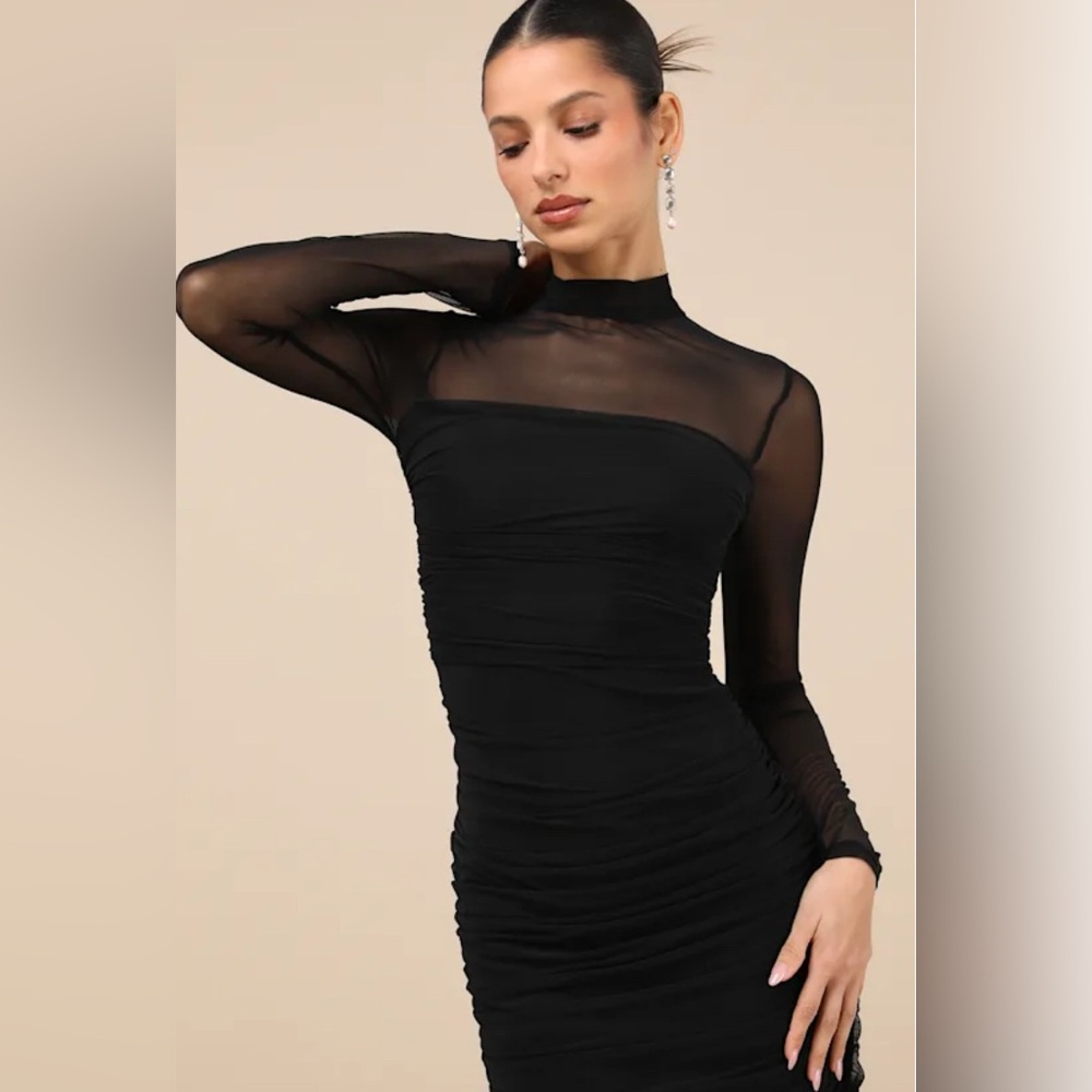 LULU'S Impressive Flirt Black Mesh
Ruched Mock Neck Midi Dress in BLACK - Picture 4 of 16